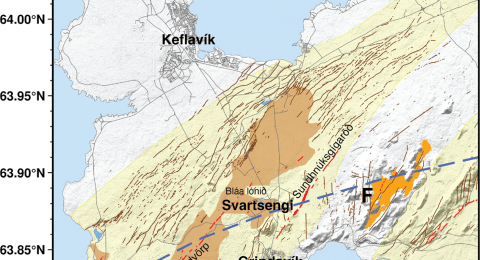 Figure 1. Western part of the Reykjanes Peninsula in SW-Iceland showing the Svartsengi, Reykjanes (R) and Fagradalsfjall (F) volcanic systems, fractures, fissure swarms, plate boundary central axis, the 2021-2023 Fagradalsfjall lavas, and lava fields from the previous eruptive period ending in the 13th century CE. Inset show Iceland with fissure swarms (yellow areas) central volcanoes (dashed ovals) and far-field spreading direction and the area of the main map. Reproduced with permission from Sigmundsson e